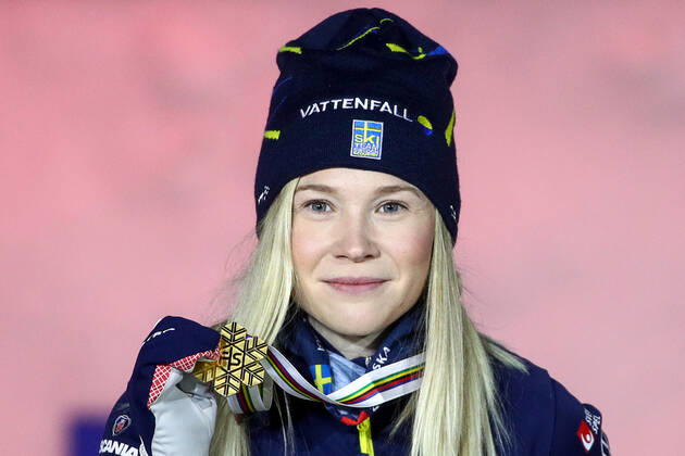 OBERSTDORF, GERMANY - FEBRUARY 27, 2021: Gold medalist Jonna Sundling of Sweden during an award ceremony for the women s classic sprint event at the 2021 FIS Nordic World Ski Championships. Sergei Bobylev TASS  TS0F8075