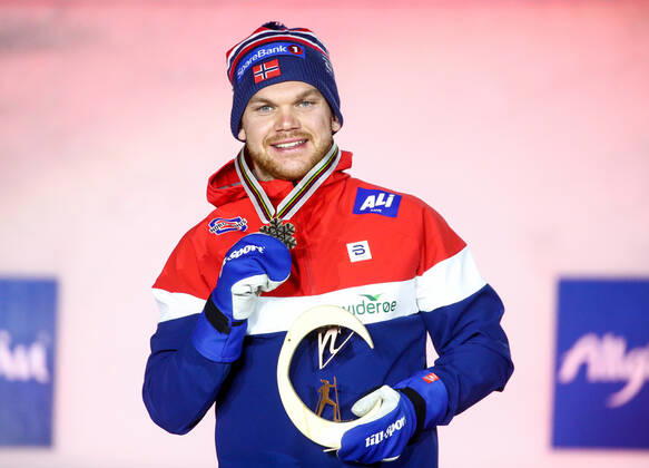 OBERSTDORF, GERMANY - FEBRUARY 27, 2021: Bronze medalist Haavard Solaas Taugboel of Norway during an award ceremony for the men s classic sprint event at the 2021 FIS Nordic World Ski Championships. Sergei Bobylev TASS  TS0F807B