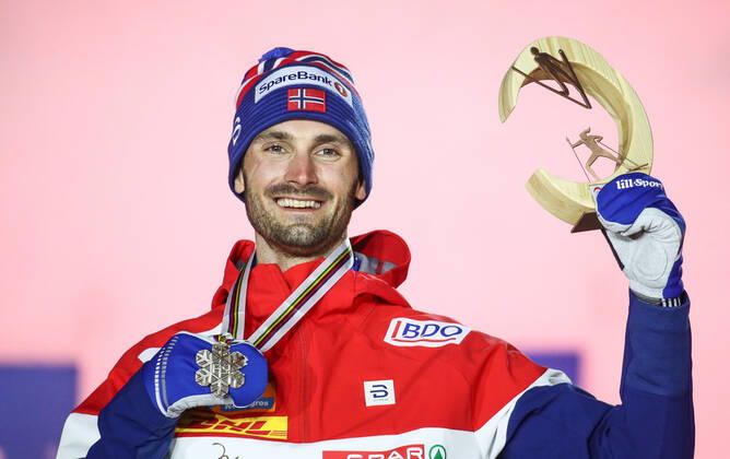 OBERSTDORF, GERMANY - FEBRUARY 28, 2021: Bronze medalist Hans Christer Holund of Norway poses for a photograph during an award ceremony for the men s 30km skiathlon event at the 2021 FIS Nordic World Ski Championships. Sergei Bobylev TASS  TS0F821A