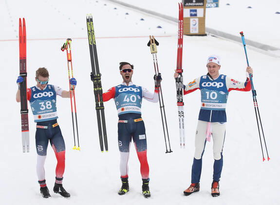 NORDIC SKIING - FIS Nordic World Ski Championships Oberstdorf 2021 OBERSTDORF,GERMANY,03.MAR.21 - NORDIC SKIING, CROSS COUNTRY SKIING - FIS Nordic World Ski Championships, 15km free, men. Image shows Simen Hegstad Krueger, Hans Christer Holund and Harald Oestberg Amundsen (NOR) . GEPAxpictures xChristianxWalgram