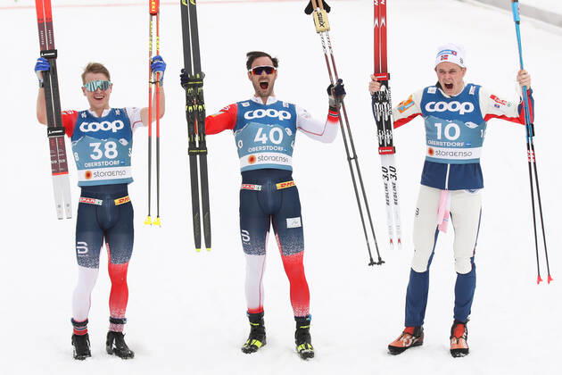 NORDIC SKIING - FIS Nordic World Ski Championships Oberstdorf 2021 OBERSTDORF,GERMANY,03.MAR.21 - NORDIC SKIING, CROSS COUNTRY SKIING - FIS Nordic World Ski Championships, 15km free, men. Image shows the rejoicing of Simen Hegstad Krueger, Hans Christer Holund and Harald Oestberg Amundsen (NOR). GEPAxpictures xChristianxWalgram