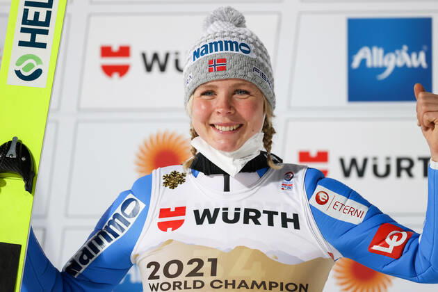 NORDIC SKIING - FIS Nordic World Ski Championships Oberstdorf 2021 OBERSTDORF,GERMANY,03.MAR.21 - NORDIC SKIING Ski jumping, Skispringen, Ski, nordisch - FIS Nordic World Ski Championships, large hill, ladies. Image shows the rejoicing of Maren Lundby (NOR). GEPAxpictures xChristianxWalgram
