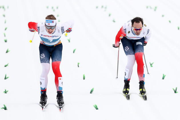 NORDIC SKIING - FIS Nordic World Ski Championships Oberstdorf 2021 OBERSTDORF,GERMANY,07.MAR.21 - NORDIC SKIING, CROSS COUNTRY SKIING - FIS Nordic World Ski Championships, 50km classic, men. Image shows Simen Hegstad Krueger and Hans Christer Holund (NOR). GEPAxpictures xChristianxWalgram