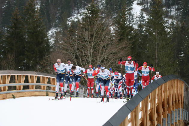 NORDIC SKIING - FIS Nordic World Ski Championships Oberstdorf 2021 OBERSTDORF,GERMANY,07.MAR.21 - NORDIC SKIING, CROSS COUNTRY SKIING - FIS Nordic World Ski Championships, 50km classic, men. Image shows the field with Simen Hegstad Krueger, Paal Golberg (NOR) and Alexey Chervotkin (RSF). GEPAxpictures xChristianxWalgram
