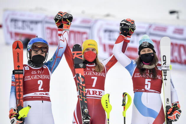 (L-R) Second placed Mikaela Shiffrin of USA, winner Katharina Liensberger of Austria and third placed Wendy Holdener of Switzerland celerate after the second run of the women s slalom race of the FIS Ski Alpine World Cup in Are, Sweden, on March 13, 2021. ARE SWEDEN ALPINE SKIING x10050x