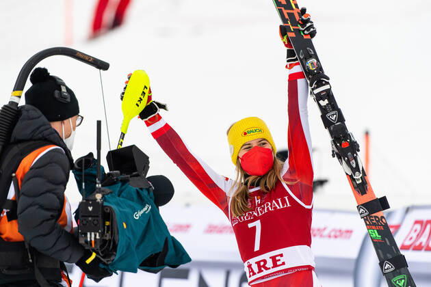 210313 Katharina Liensberger of Austria celebrates ahead of the prize ceremony after winning the Women s Slalom during the FIS World Cup on March 13, 2021 in Are. Photo: Daniel Stiller BILDBYRAN kod DS DS0118 alpint alpine världscup fis alpine skiing world cup slalom dam bbeng jubel österrike Copyright: DANIELxSTILLER BB210313DS076