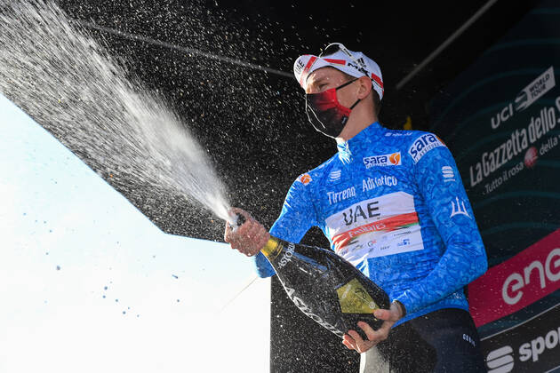 Photo Gian Mattia D Alberto - LaPresse March, 13 2021 Prati di Tivo (Italy) Cycling Tirreno-Adriatico Eolo 2021 Stage 4 Terni - Prati di Tivo 148 km In the pic: Tadej PogaÄar (UAE-Team Emirates), blue jersey  Copyright: xGianxMattiaxD Albertox-xLaPressex