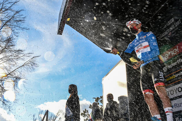 Photo Gian Mattia D Alberto - LaPresse March, 13 2021 Prati di Tivo (Italy) Cycling Tirreno-Adriatico Eolo 2021 Stage 4 Terni - Prati di Tivo 148 km In the pic: Tadej PogaÄar (UAE-Team Emirates), blue jersey  Copyright: xGianxMattiaxD Albertox-xLaPressex