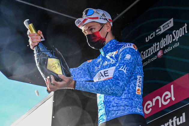 Photo Gian Mattia D Alberto - LaPresse March, 13 2021 Prati di Tivo (Italy) Cycling Tirreno-Adriatico Eolo 2021 Stage 4 Terni - Prati di Tivo 148 km In the pic: Tadej PogaÄar (UAE-Team Emirates), blue jersey  Copyright: xGianxMattiaxD Albertox-xLaPressex