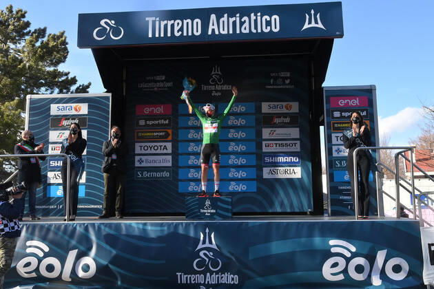 Photo Gian Mattia D Alberto - LaPresse March, 13 2021 Prati di Tivo (Italy) Cycling Tirreno-Adriatico Eolo 2021 Stage 4 Terni - Prati di Tivo 148 km In the pic: Tadej PogaÄar (UAE-Team Emirates), green jersey  Copyright: xGianxMattiaxD Albertox-xLaPressex