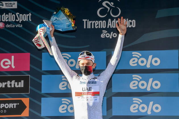 Photo Gian Mattia D Alberto - LaPresse March, 13 2021 Prati di Tivo (Italy) Cycling Tirreno-Adriatico Eolo 2021 Stage 4 Terni - Prati di Tivo 148 km In the pic: Tadej PogaÄar (UAE-Team Emirates), white jersey  Copyright: xGianxMattiaxD Albertox-xLaPressex
