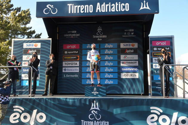 Photo Gian Mattia D Alberto - LaPresse March, 13 2021 Prati di Tivo (Italy) Cycling Tirreno-Adriatico Eolo 2021 Stage 4 Terni - Prati di Tivo 148 km In the pic: Tadej PogaÄar (UAE-Team Emirates), white jersey  Copyright: xGianxMattiaxD Albertox-xLaPressex