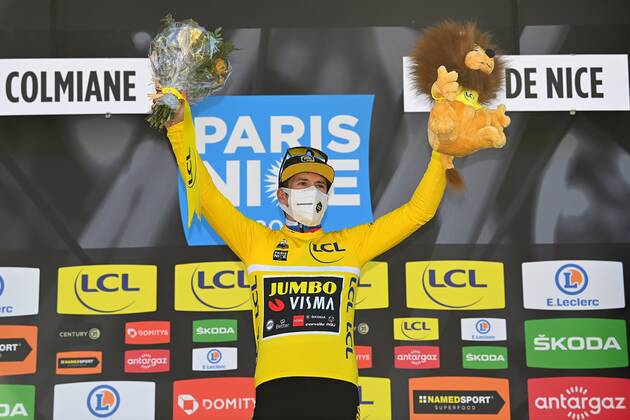 VALDEBLORE LA COLMIANE, FRANCE - MARCH 13 : ROGLIC Primoz (SLO) of Team Jumbo-Visma celebrates the victory in the yellow jersey during the podium ceremony of stage 7 of the 79th edition of the 2021 Paris - Nice cycling race, a stage of 119,2 kms between Le Broc and station Valdeblore La Colmiane on March 13, 2021 in Valdeblore La Colmiane, France, 13 03 2021 CYCLISME : Paris - Nice 2021 - Etape 7 - Le Broc a station Valdeblore La Colmiane - 13 03 2021 Photonews Panoramic 