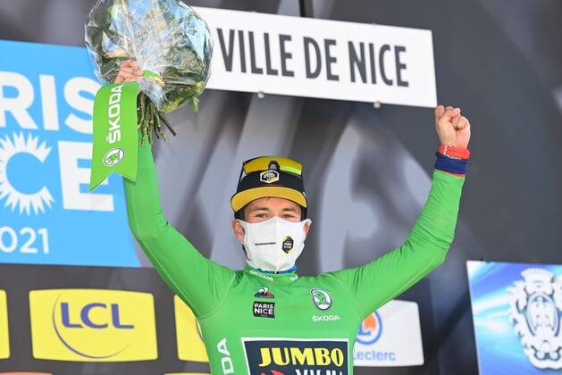 VALDEBLORE LA COLMIANE, FRANCE - MARCH 13 : ROGLIC Primoz (SLO) of Team Jumbo-Visma with the green jersey pictured during the podium ceremony of stage 7 of the 79th edition of the 2021 Paris - Nice cycling race, a stage of 119,2 kms between Le Broc and station Valdeblore La Colmiane on March 13, 2021 in Valdeblore La Colmiane, France, 13 03 2021 CYCLISME : Paris - Nice 2021 - Etape 7 - Le Broc a station Valdeblore La Colmiane - 13 03 2021 Photonews Panoramic 