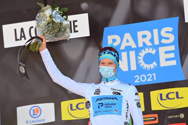 VALDEBLORE LA COLMIANE, FRANCE - MARCH 13 : VLASOV Aleksandr (RUS) of Astana - Premier Tech with the white jersey pictured during the podium ceremony of stage 7 of the 79th edition of the 2021 Paris - Nice cycling race, a stage of 119,2 kms between Le Broc and station Valdeblore La Colmiane on March 13, 2021 in Valdeblore La Colmiane, France, 13 03 2021 CYCLISME : Paris - Nice 2021 - Etape 7 - Le Broc a station Valdeblore La Colmiane - 13 03 2021 Photonews Panoramic 