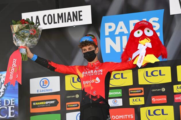 VALDEBLORE LA COLMIANE, FRANCE - MARCH 13 : MADER Gino (SUI) of Bahrain - Victorious with the prix de la combativite pictured during the podium ceremony of stage 7 of the 79th edition of the 2021 Paris - Nice cycling race, a stage of 119,2 kms between Le Broc and station Valdeblore La Colmiane on March 13, 2021 in Valdeblore La Colmiane, France, 13 03 2021 CYCLISME : Paris - Nice 2021 - Etape 7 - Le Broc a station Valdeblore La Colmiane - 13 03 2021 Photonews Panoramic 