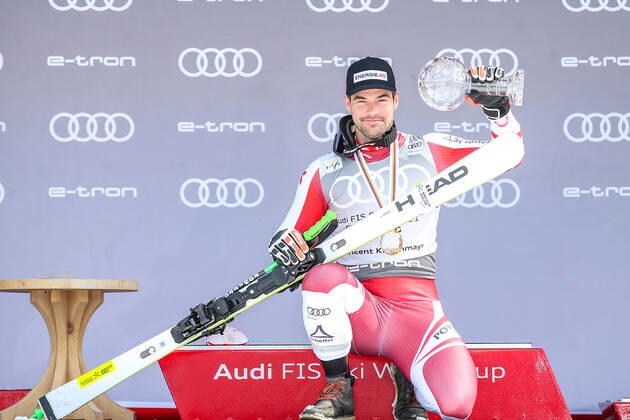 ALPINE SKIING - FIS WC Final Lenzerheide LENZERHEIDE,SWITZERLAND,18.MAR.21- ALPINE SKIING - FIS World Cup Final, award ceremony for the Super G World Cup, men. Image shows the rejoicing of Vincent Kriechmayr (AUT). keywords: crystal globe. GEPAxpictures xHaraldxSteiner