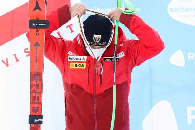 ALPINE SKIING - FIS EC Reiteralm SCHLADMING,AUSTRIA,18.MAR.21- ALPINE SKIING - FIS Europa Cup Final, award ceremony for the Giant Slalom Europa Cup, men. Image shows Semyel Bissig (SUI). Keywords: medal. GEPAxpictures xChristianxWalgram