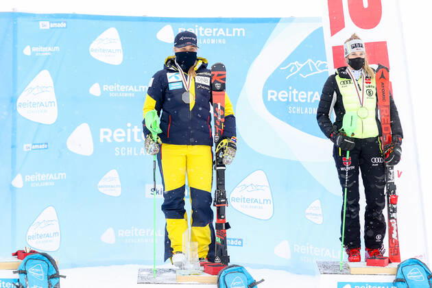 ALPINE SKIING - FIS EC Reiteralm SCHLADMING,AUSTRIA,21.MAR.21- ALPINE SKIING - FIS Europa Cup, award ceremony for the overall Europa Cup, ladies. Image shows Marte Monsen (NOR) and Jessica Hilzinger (GER). GEPAxpictures xChristianxWalgram