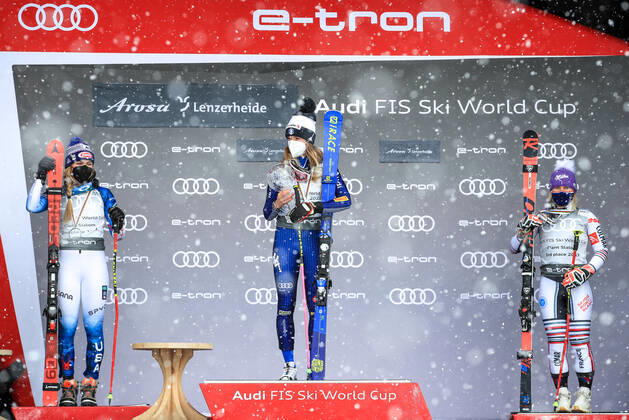 ALPINE SKIING - FIS WC Final Lenzerheide LENZERHEIDE,SWITZERLAND,21.MAR.21- ALPINE SKIING - FIS World Cup Final, giant slalom, ladies. Image shows Mikaela Shiffrin (USA), Marta Bassino (ITA) and Tessa Worley (FRA). Keywords: crystal globe. GEPAxpictures xMarioxBuehner