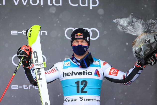 ALPINE SKIING - FIS WC Final Lenzerheide LENZERHEIDE,SWITZERLAND,21.MAR.21- ALPINE SKIING - FIS World Cup Final, slalom, men. Image shows the rejoicing of Alexis Pinturault (FRA). GEPAxpictures xMarioxBuehner