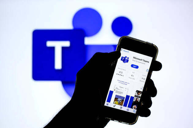 April 20, 2021, Barcelona, Catalonia, Spain: In this photo illustration a Microsoft Teams app in App Store seen displayed on a smartphone with the Microsoft Teams logo in the background. Barcelona Spain - ZUMAd159 20210420_zia_d159_106 Copyright: xThiagoxPrudenciox