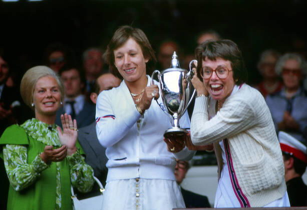 Tennis - 1979 Wimbledon Championships Womens doubles Final. Martina Navratilova and Billie Jean King v Betty Stove and Wendy Turnbull Martina Navratilova and Billie Jean King (Winners) collect their trophy in the Royal box HRH The Duchess of Kent (left) Colorsport Andrew Cowie 