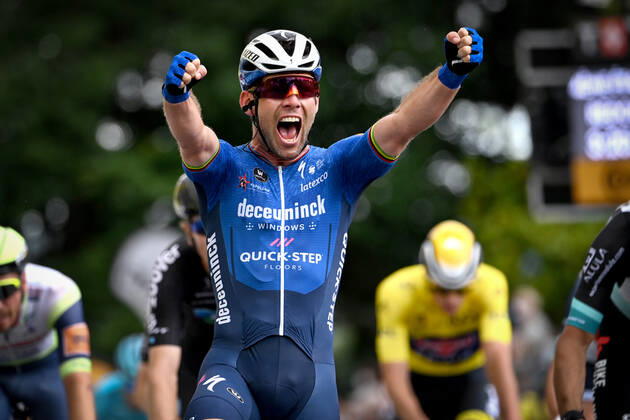 British Mark Cavendish of Deceuninck - Quick-Step celebrates as he crosses the finish line to win the fourth stage of the 108th edition of the Tour de France cycling race, 150,4km from Redon to Fougeres, France, Tuesday 29 June 2021. This year s Tour de France takes place from 26 June to 18 July 2021. PETExGODING  x3022856x