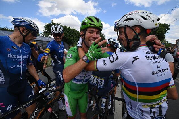British Mark Cavendish of Deceuninck - Quick-Step and French Julian Alaphilippe of Deceuninck - Quick-Step celebrate after winning the sixth stage of the 108th edition of the Tour de France cycling race, 160,6km from Tours to Chateauroux, France, Thursday 01 July 2021. This year s Tour de France takes place from 26 June to 18 July 2021. POOLxDAVIDxSTOCKMAN  x3024864x