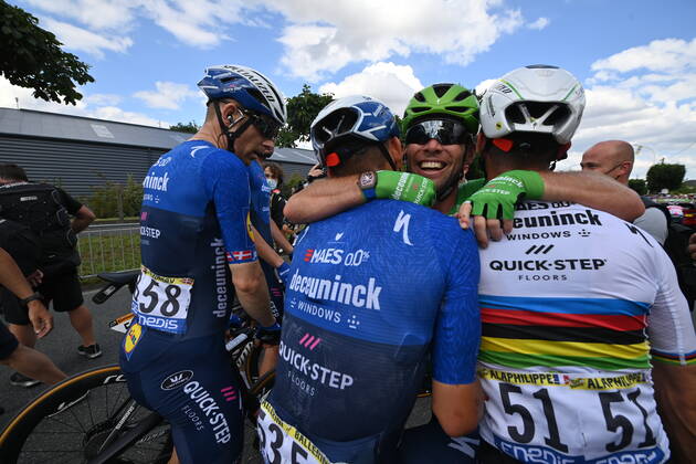 British Mark Cavendish of Deceuninck - Quick-Step and his teammates celebrate after winning the sixth stage of the 108th edition of the Tour de France cycling race, 160,6km from Tours to Chateauroux, France, Thursday 01 July 2021. This year s Tour de France takes place from 26 June to 18 July 2021. POOLxDAVIDxSTOCKMAN  x3024871x