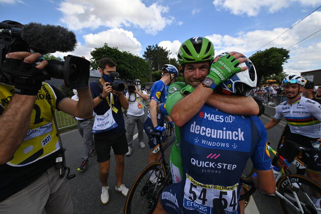 British Mark Cavendish of Deceuninck - Quick-Step and Italian Mattia Cattaneo of Deceuninck - Quick-Step celebrate after winning the sixth stage of the 108th edition of the Tour de France cycling race, 160,6km from Tours to Chateauroux, France, Thursday 01 July 2021. This year s Tour de France takes place from 26 June to 18 July 2021. POOLxDAVIDxSTOCKMAN  x3024878x
