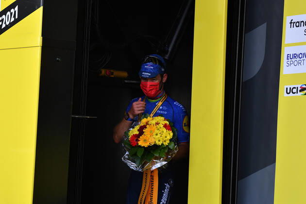British Mark Cavendish of Deceuninck - Quick-Step celebrates on the podium after winning the sixth stage of the 108th edition of the Tour de France cycling race, 160,6km from Tours to Chateauroux, France, Thursday 01 July 2021. This year s Tour de France takes place from 26 June to 18 July 2021. POOLxDAVIDxSTOCKMAN  x3024968x