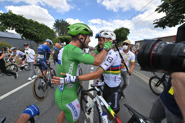 British Mark Cavendish of Deceuninck - Quick-Step and French Julian Alaphilippe of Deceuninck - Quick-Step celebrate after winning the sixth stage of the 108th edition of the Tour de France cycling race, 160,6km from Tours to Chateauroux, France, Thursday 01 July 2021. This year s Tour de France takes place from 26 June to 18 July 2021. POOLxDAVIDxSTOCKMAN  x3024975x