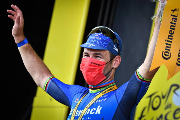 British Mark Cavendish of Deceuninck - Quick-Step celebrate on the podium after winning the sixth stage of the 108th edition of the Tour de France cycling race, 160,6km from Tours to Chateauroux, France, Thursday 01 July 2021. This year s Tour de France takes place from 26 June to 18 July 2021. POOLxDAVIDxSTOCKMAN  x3025117x