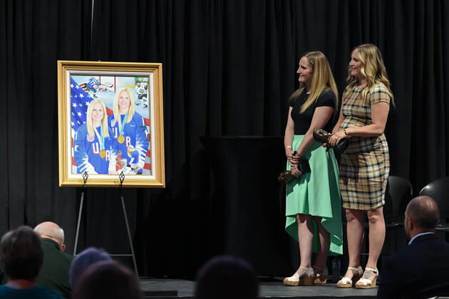 July 14, 2021: North Dakota Governor Doug Burgum presents the state s highest honor, the Theodore Roosevelt Rough Rider Award to olympic gold medalists Monique Lamoureux-Morando (left) and twin sister Jocelyne Lamoureux-Davidson (right) during a ceremony at the Ralph Engelstad Arena, Grand Forks, ND. CSM St. Paul USA - ZUMAc04_ 20210714_zaf_c04_003 Copyright: xRussellxHonsx