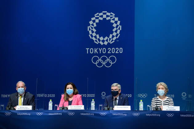 210721 Richard Colbeck, Annastacia Palaszczuk, Thomas Bach, president of the International Olympic Committee (IOC), and Kristin Kloster at a press conference, PK, Pressekonferenz during the 138th IOC Session announcing Brisbane as the host of the 2032 Olympic and Paralympic Games, ahead of the Tokyo 2020 Olympic Games, Olympische Spiele, Olympia, OS on July 21, 2021 in Tokyo. Photo: Joel Marklund BILDBYRAN kod JM JM0163 bbeng olympic games olympics os ol olympiska spel olympiske leker tokyo2020 tokyo 2020 tokyo-os tokyo-ol presskonferens IOC Brisbane International Olympic Committee IOK Copyright: JOELxMARKLUND BB210721JM034