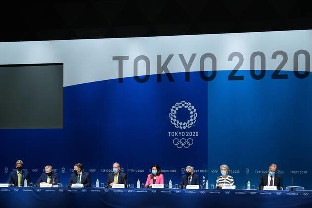 210721 James Tomkins, John Coates, Adrian Schrinner, Richard Colbeck, Annastacia Palaszczuk, Thomas Bach, president of the International Olympic Committee (IOC), Kristin Kloster and Mark Adams at a press conference, PK, Pressekonferenz during the 138th IOC Session announcing Brisbane as the host of the 2032 Olympic and Paralympic Games, ahead of the Tokyo 2020 Olympic Games, Olympische Spiele, Olympia, OS on July 21, 2021 in Tokyo. Photo: Joel Marklund BILDBYRAN kod JM JM0163 bbeng olympic games olympics os ol olympiska spel olympiske leker tokyo2020 tokyo 2020 tokyo-os tokyo-ol presskonferens IOC Brisbane International Olympic Committee IOK Copyright: JOELxMARKLUND BB210721JM037