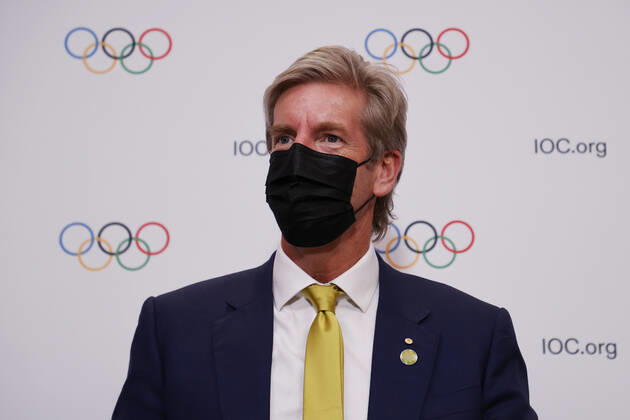 (210721) -- TOKYO, July 21, 2021 -- Three time Olympic gold medalist for rowing James Tomkins looks on during a press conference, PK, Pressekonferenz after Brisbane was announced as the 2032 Summer Olympics host city during the 138th International Olympic Committee (IOC) Session in Tokyo, Japan, on July 21, 2021. ( Pool via Xinhua) (SP)TOKYO-JAPAN-IOC-138TH SESSION ToruxHanai 