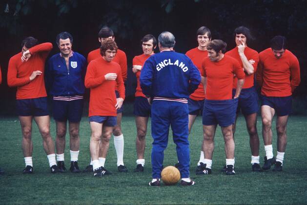 Football - 1972 UEFA European Football Championship Qualifying - Group Three: England 5 Malta 0 England manager Alf Ramsey talking to his players at Roehampton, left to right: Geoff Hurst, Harold Sheperdson, Alan Ball, Martin Peters (behind), Terry Cooper, Allan Clarke, Ralph Coates, Roy McFarland and Peter Shilton.