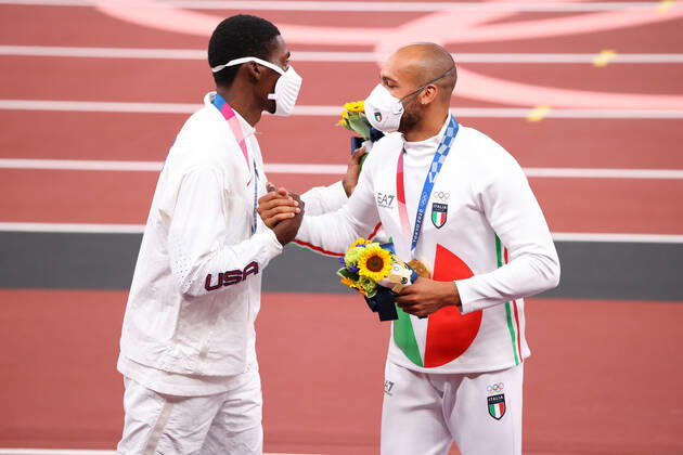JACOBS Lamont Marcell Gold medal (ITA), KERLEY Fred Silver medal (USA), AUGUST 2, 2021 - Athletics : Men s 100m medal ceremony during the Tokyo 2020 Olympic Games, Olympische Spiele, Olympia, OS at the National Stadium in Tokyo, Japan. Noxthirdxpartyxsales  (166202283)