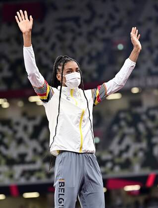 TOKYO, JAPAN - AUGUST 06 : Thiam Nafissatou (Bel) Athletics Heptathlon (Female) Gold Medal - Women s Heptathlon Podium ceremony during the Tokyo 2020 Summer Olympic Games, Olympische Spiele, Olympia, OS on August 6, 2021 in Tokyo, Japan, 06 08 2021 JO 2020 : Jeux Olympiques - JO2020 - Tokyo - 06 08 2021 PhotoNews Panoramic 