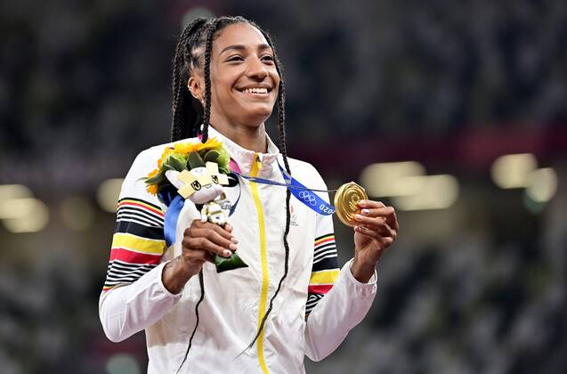 TOKYO, JAPAN - AUGUST 06 : Thiam Nafissatou (Bel) Athletics Heptathlon (Female) Gold Medal - Women s Heptathlon Podium ceremony during the Tokyo 2020 Summer Olympic Games, Olympische Spiele, Olympia, OS on August 6, 2021 in Tokyo, Japan, 06 08 2021 JO 2020 : Jeux Olympiques - JO2020 - Tokyo - 06 08 2021 PhotoNews Panoramic 