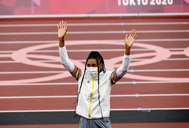 TOKYO, JAPAN - AUGUST 06 : Thiam Nafissatou (Bel) Athletics Heptathlon (Female) Gold Medal - Women s Heptathlon Podium ceremony during the Tokyo 2020 Summer Olympic Games, Olympische Spiele, Olympia, OS on August 6, 2021 in Tokyo, Japan, 06 08 2021 JO 2020 : Jeux Olympiques - JO2020 - Tokyo - 06 08 2021 PhotoNews Panoramic 
