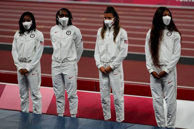 Mandatory Credit: Photo by Dave Shopland Shutterstock (12249251l) Gabby Thomas, Jenna Prandini, Teahna Daniels and Aleia Hobbs (USA) - Women s 4 x 100m Relay Final - Silver Athletics, Olympic Stadium, Tokyo Olympic Games, Olympische Spiele, Olympia, OS 2020, Japan - 07 Aug 2021 Athletics, Olympic Stadium, Tokyo Olympic Games 2020, Japan - 07 Aug 2021 Copyright: xDavexShopland Shutterstockx 12249251l