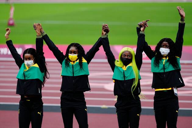 Mandatory Credit: Photo by Dave Shopland Shutterstock (12249251p) Shericka Jackson, Briana Williams, Shelly-Ann Fraser-Pryce and Elaine Thompson-Herah (JAM) - Women s 4 x 100m Relay Final - Gold Athletics, Olympic Stadium, Tokyo Olympic Games, Olympische Spiele, Olympia, OS 2020, Japan - 07 Aug 2021 Athletics, Olympic Stadium, Tokyo Olympic Games 2020, Japan - 07 Aug 2021 Copyright: xDavexShopland Shutterstockx 12249251p
