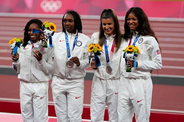 Mandatory Credit: Photo by Dave Shopland Shutterstock (12249251q) Gabby Thomas, Jenna Prandini, Teahna Daniels and Aleia Hobbs (USA) - Women s 4 x 100m Relay Final - Silver Athletics, Olympic Stadium, Tokyo Olympic Games, Olympische Spiele, Olympia, OS 2020, Japan - 07 Aug 2021 Athletics, Olympic Stadium, Tokyo Olympic Games 2020, Japan - 07 Aug 2021 Copyright: xDavexShopland Shutterstockx 12249251q