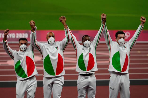 Mandatory Credit: Photo by Dave Shopland Shutterstock (12249251v) Lorenzo Patta, Lamont Marcell Jacobs, Eseosa Desalu and Filippo Tortu (ITA) - Men s 4 x 100m Relay Final Athletics, Olympic Stadium, Tokyo Olympic Games, Olympische Spiele, Olympia, OS 2020, Japan - 07 Aug 2021 Athletics, Olympic Stadium, Tokyo Olympic Games 2020, Japan - 07 Aug 2021 Copyright: xDavexShopland Shutterstockx 12249251v