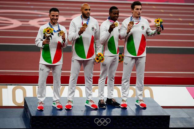 Mandatory Credit: Photo by Dave Shopland Shutterstock (12249251ae) Lorenzo Patta, Lamont Marcell Jacobs, Eseosa Desalu and Filippo Tortu (ITA) - Men s 4 x 100m Relay Final Athletics, Olympic Stadium, Tokyo Olympic Games, Olympische Spiele, Olympia, OS 2020, Japan - 07 Aug 2021 Athletics, Olympic Stadium, Tokyo Olympic Games 2020, Japan - 07 Aug 2021 Copyright: xDavexShopland Shutterstockx 12249251ae