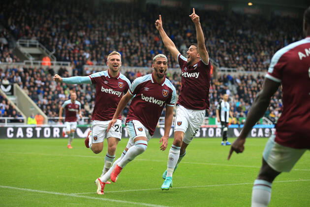 Football - Premier League - Newcastle United v West Ham United 15th August 2021 - Premier League - Newcastle United v West Ham United - Said Benrahma of West Ham United celebrates after scoring the second goal for his team, with Pablo Fornals. Photo: Simon Stacpoole Offside. Newcastle-upon-Tyne UK Copyright: xSimonxStacpoolexOffside