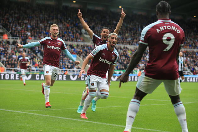Football - Premier League - Newcastle United v West Ham United 15th August 2021 - Premier League - Newcastle United v West Ham United - Said Benrahma of West Ham United celebrates after scoring the second goal for his team, with Pablo Fornals. Photo: Simon Stacpoole Offside. Newcastle-upon-Tyne UK Copyright: xSimonxStacpoolexOffside